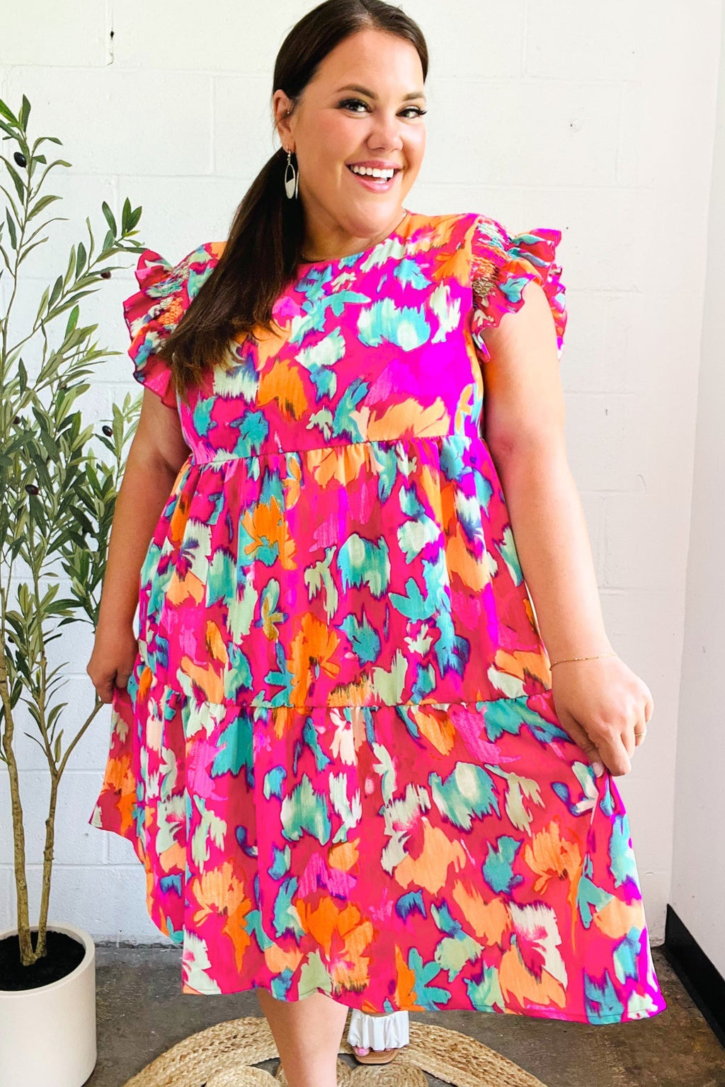 Abstract Floral Print Smocked Ruffle Sleeve Dress