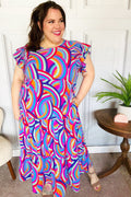 Purple Abstract Print Smocked Ruffle Sleeve Maxi Dress