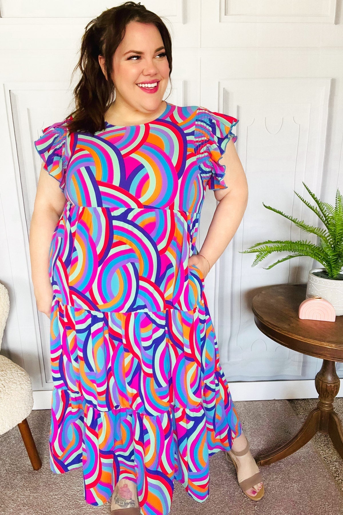 Purple Abstract Print Smocked Ruffle Sleeve Maxi Dress