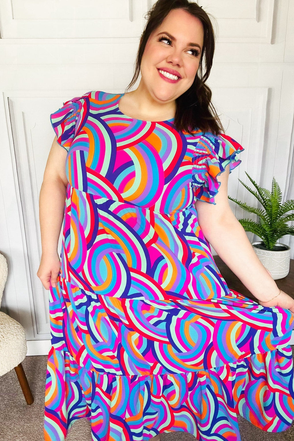 Purple Abstract Print Smocked Ruffle Sleeve Maxi Dress