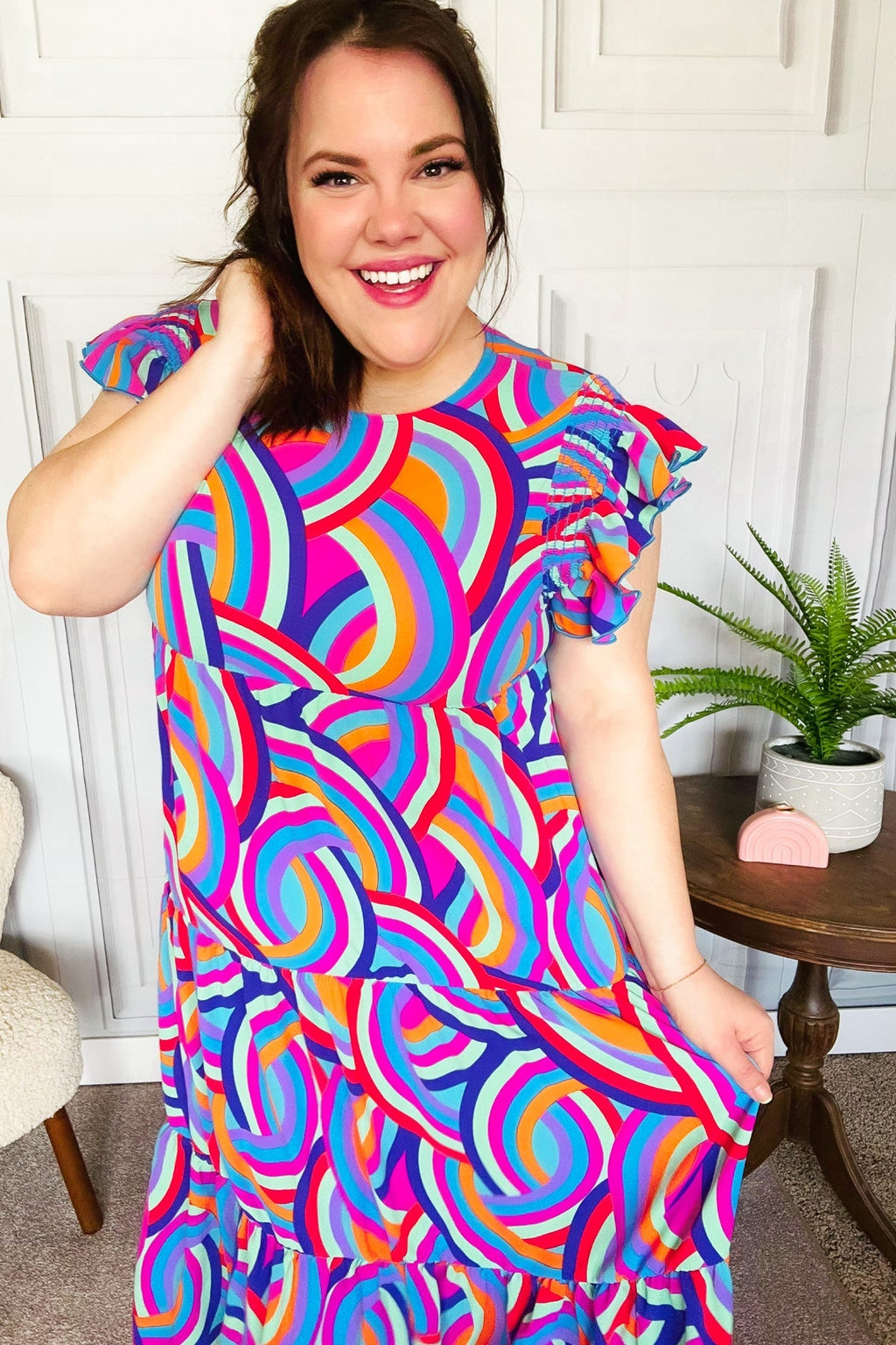 Purple Abstract Print Smocked Ruffle Sleeve Maxi Dress
