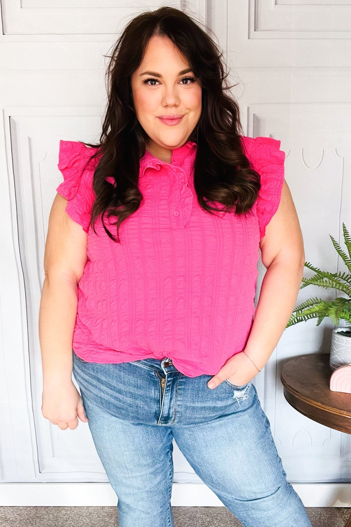 Pink Textured Ruffle Mock Neck Top