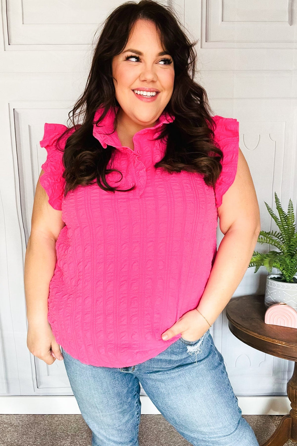 Pink Textured Ruffle Mock Neck Top