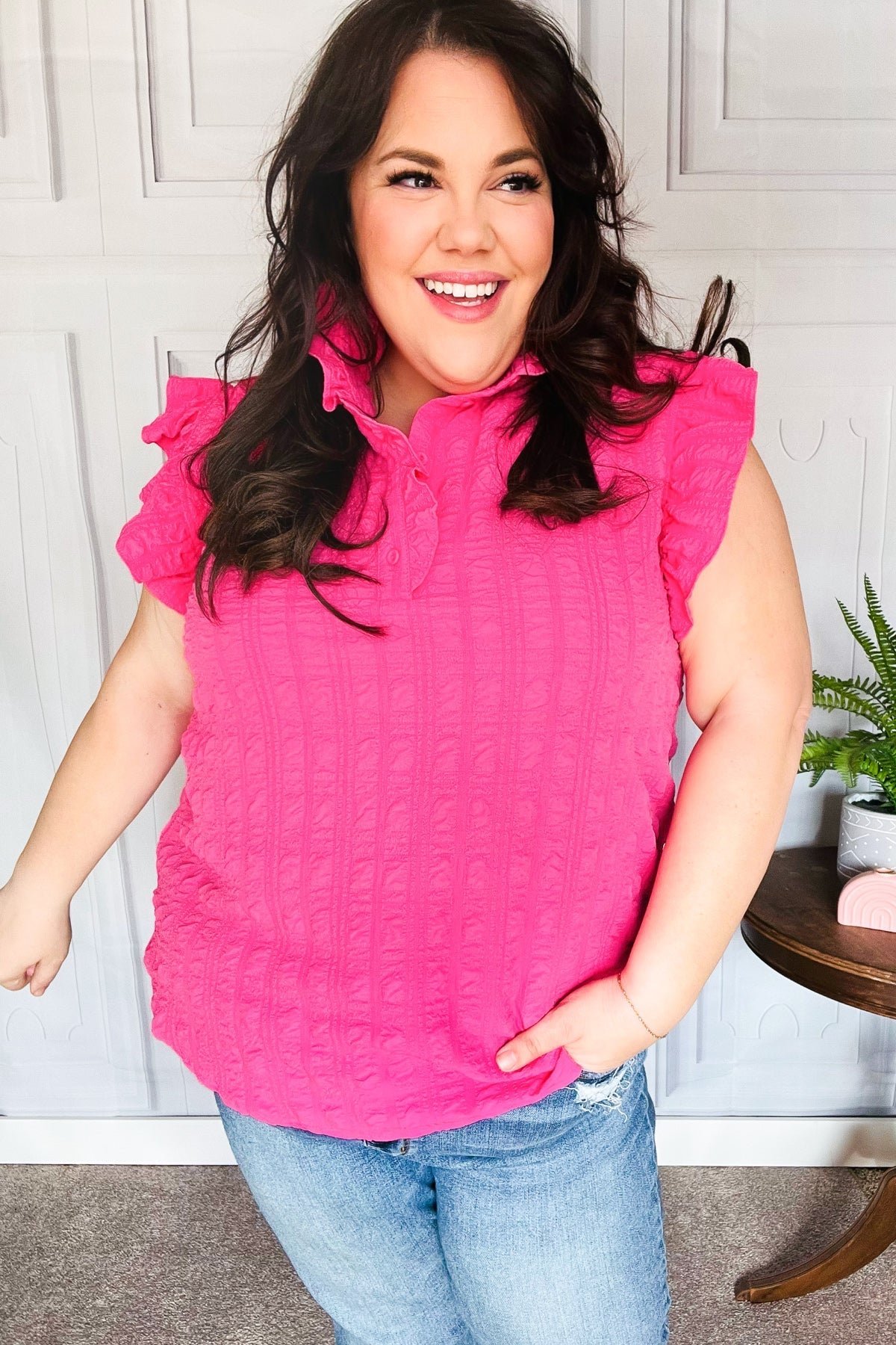 Pink Textured Ruffle Mock Neck Top