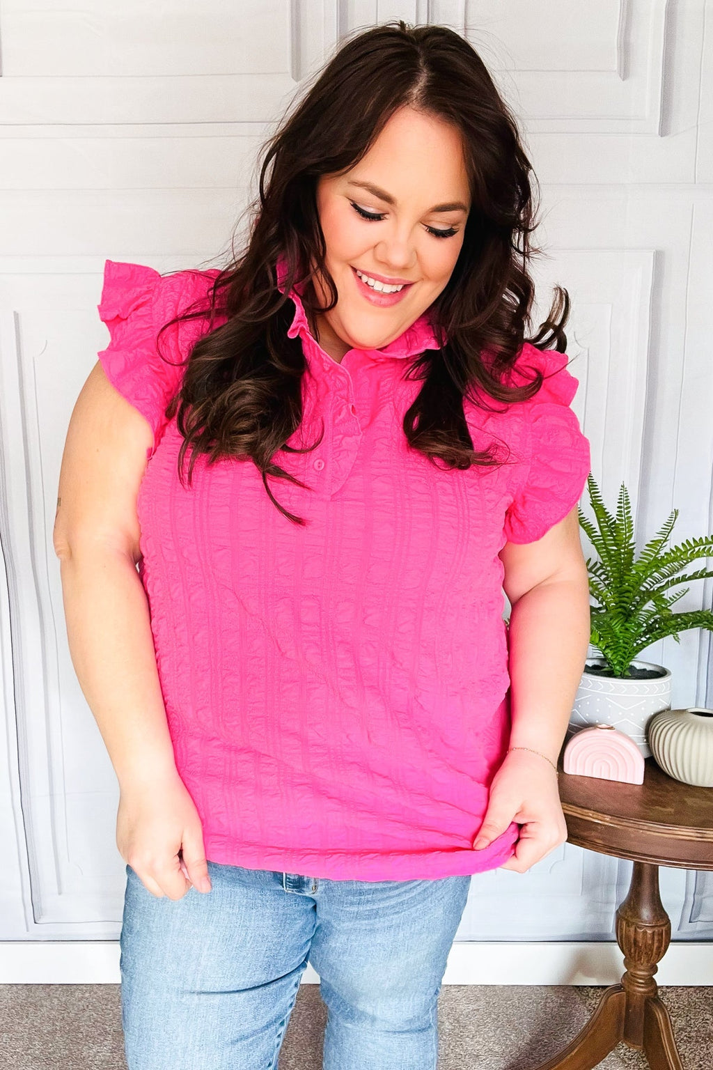 Pink Textured Ruffle Mock Neck Top
