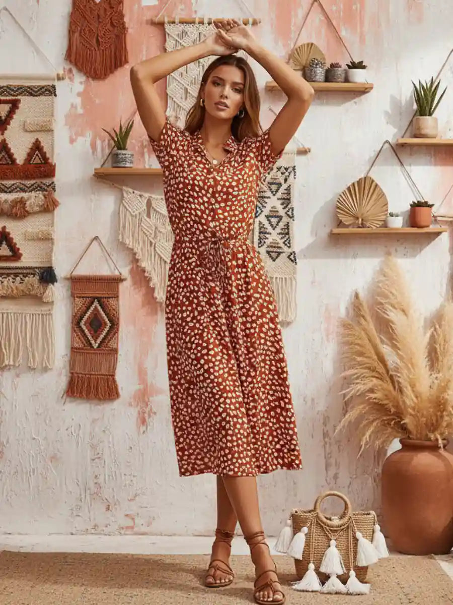 Orange Boho Midi Dress