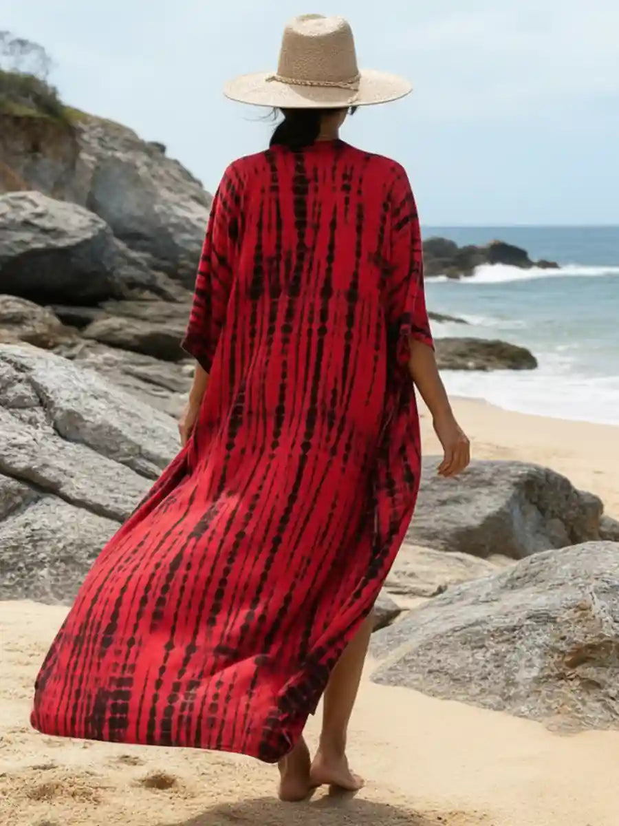 Red Boho Tie Dye Beach Kimono