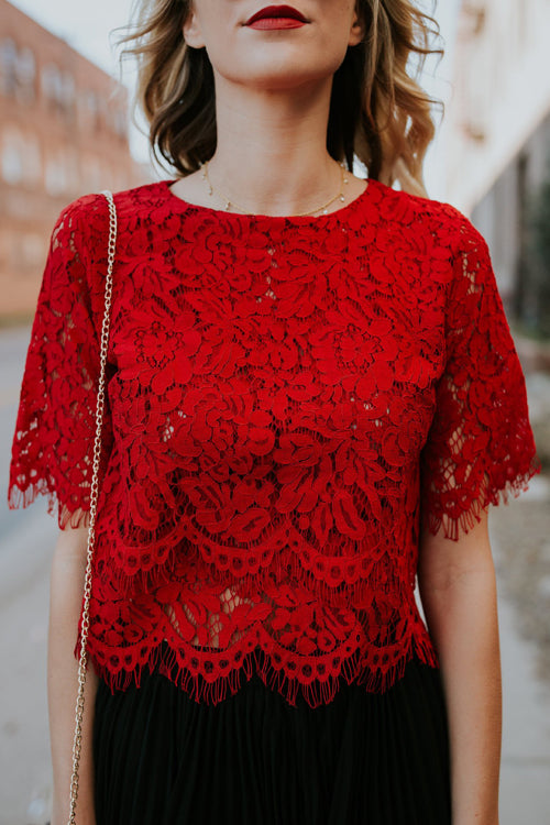Round Neck Lace Short Sleeve Top - 3 Colors