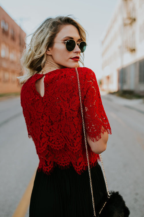Round Neck Lace Short Sleeve Top - 3 Colors