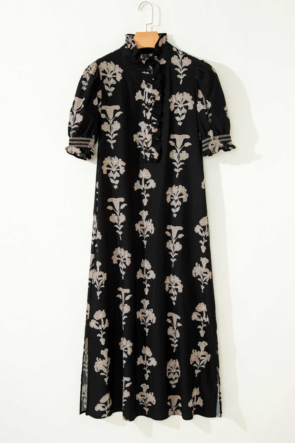 Floral Frilled Collar Puff Sleeve Maxi Dress