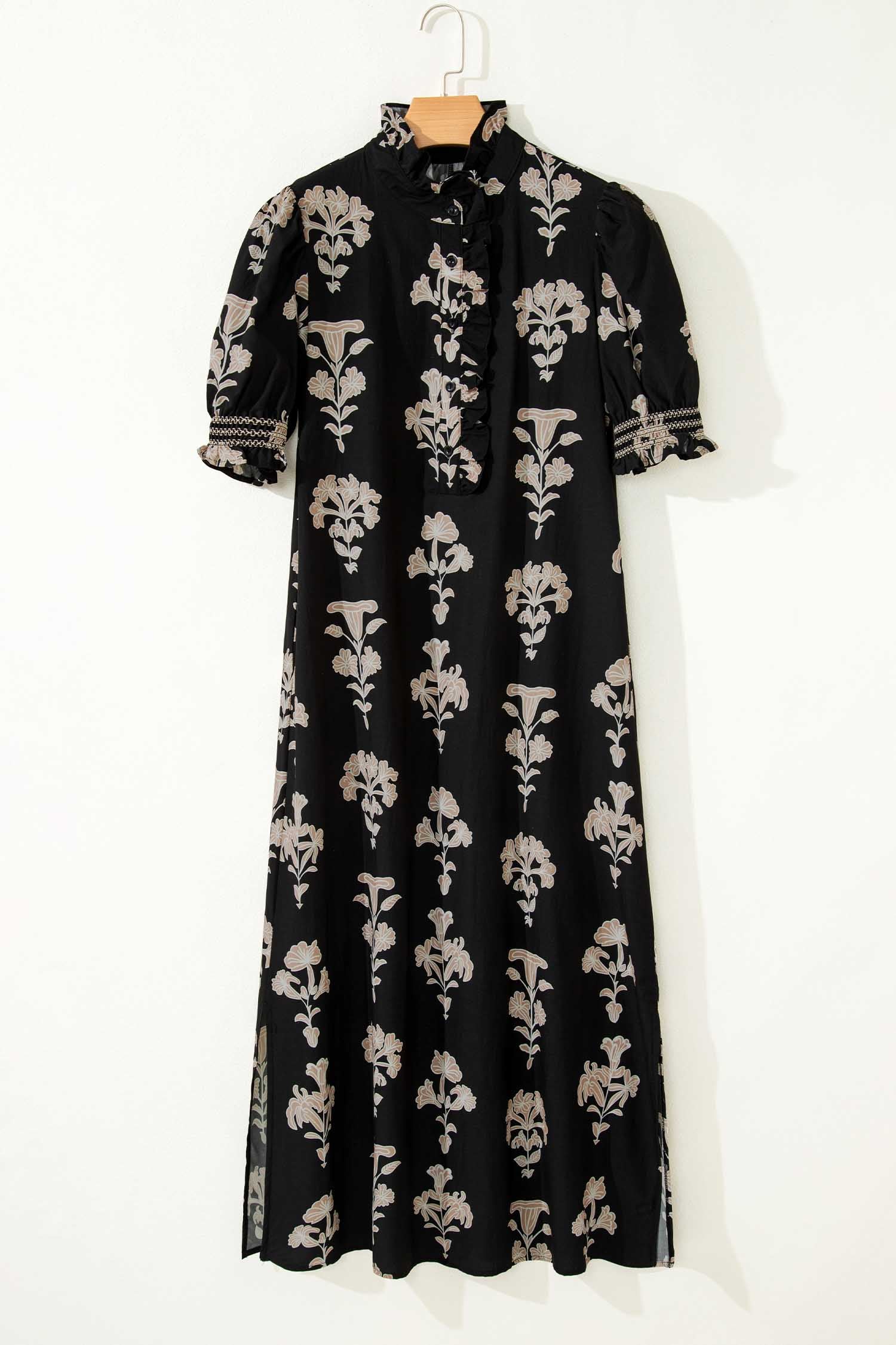 Floral Frilled Collar Puff Sleeve Maxi Dress