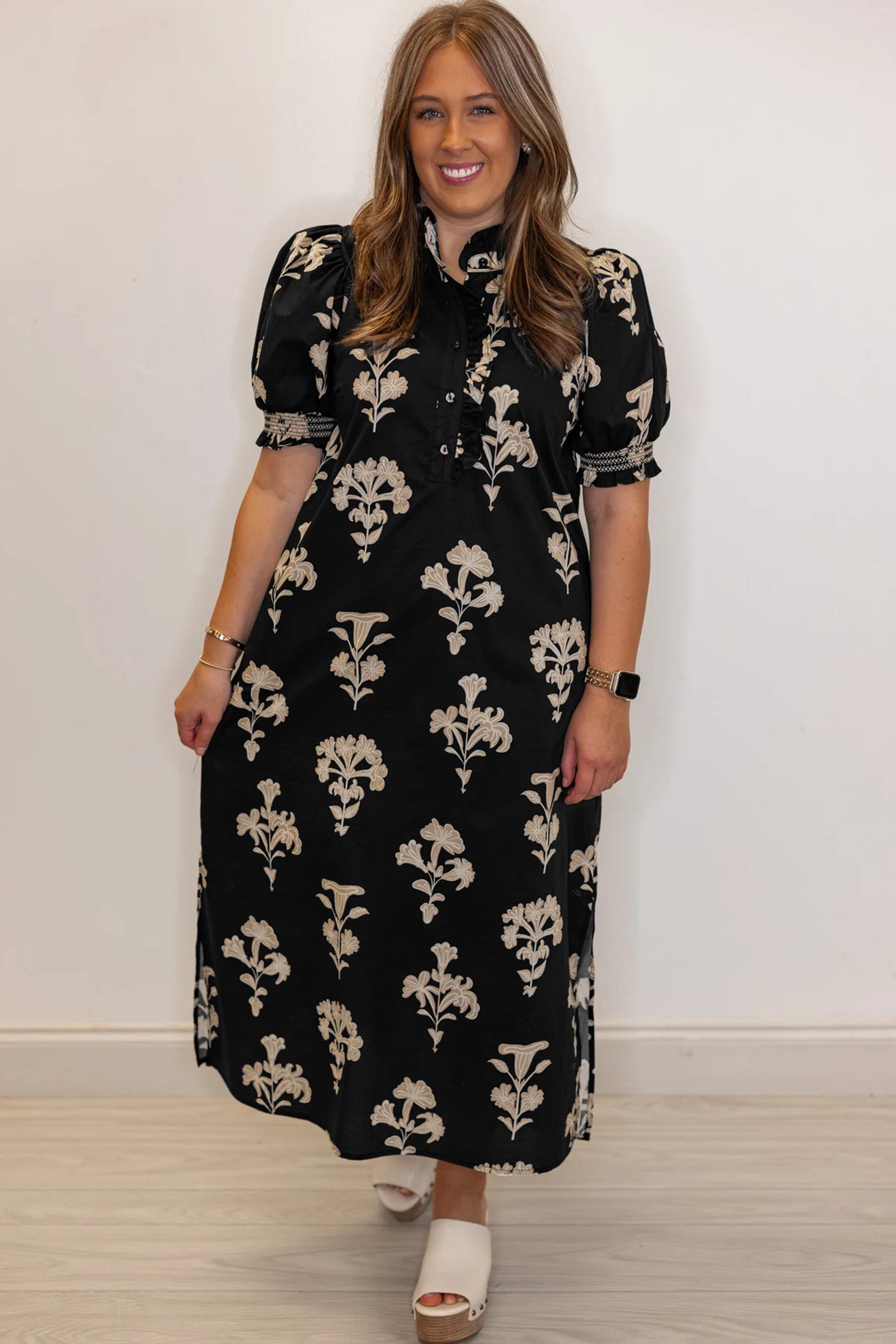 Floral Frilled Collar Puff Sleeve Maxi Dress