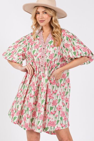 Floral Half Button Notched Puff Sleeve Dress