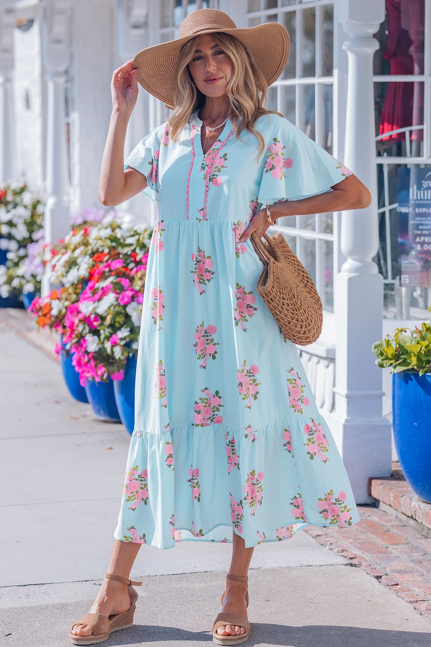 Pink Notched Neck Flutter Short Sleeve Floral Print Maxi Dress