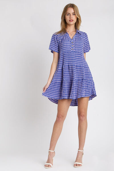 Full Size Gingham Tiered Button Detail Short Sleeve Dress Plus Size