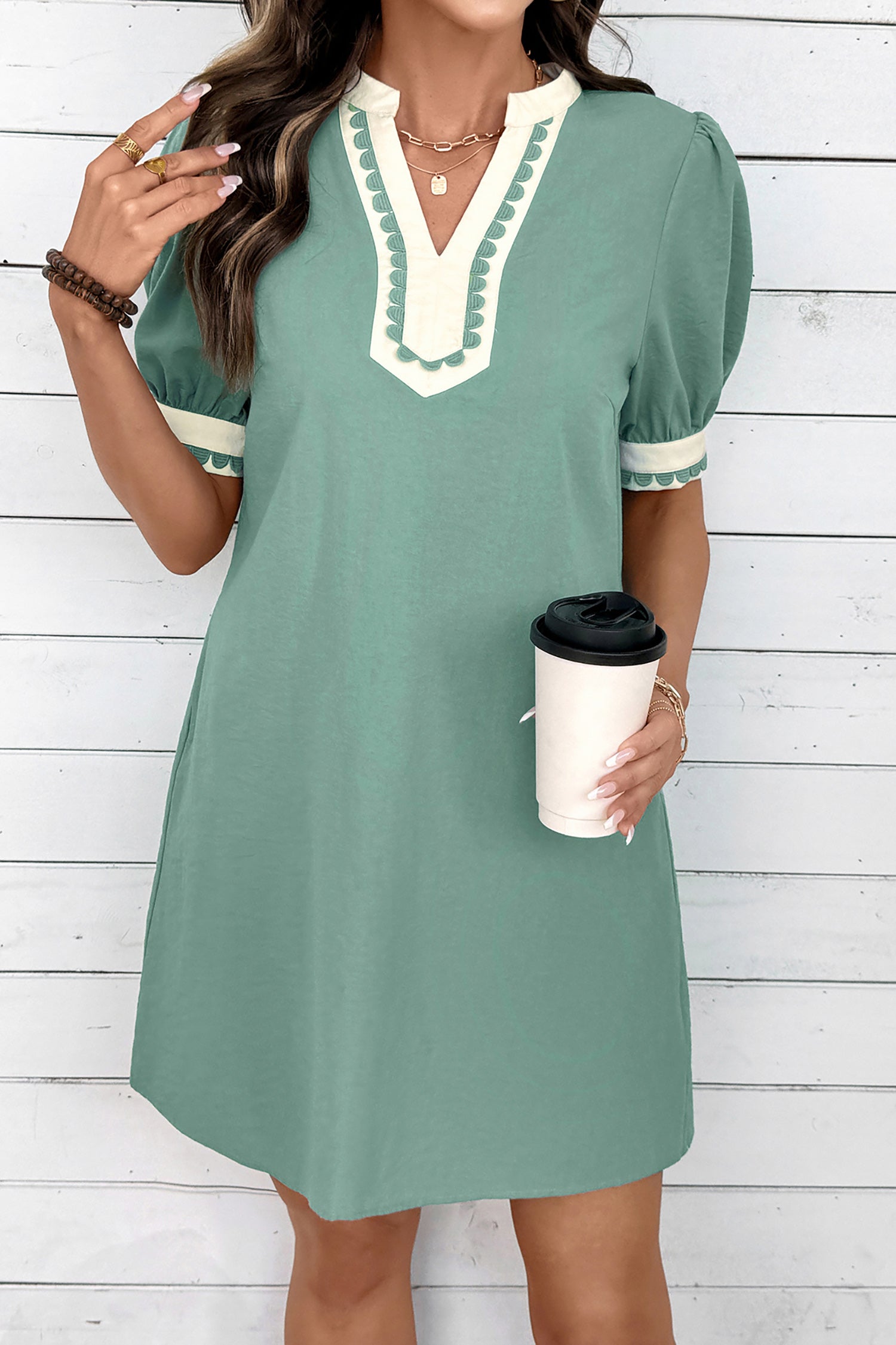 Light Pink Scallop Color Block Trim Puff Sleeve Mini Dress