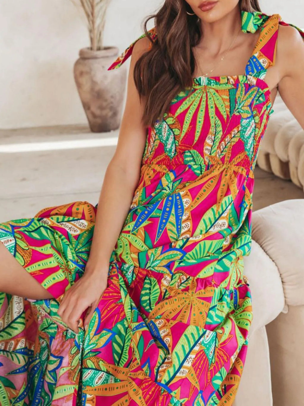 Tropical Print Tie Shoulder Maxi Dress