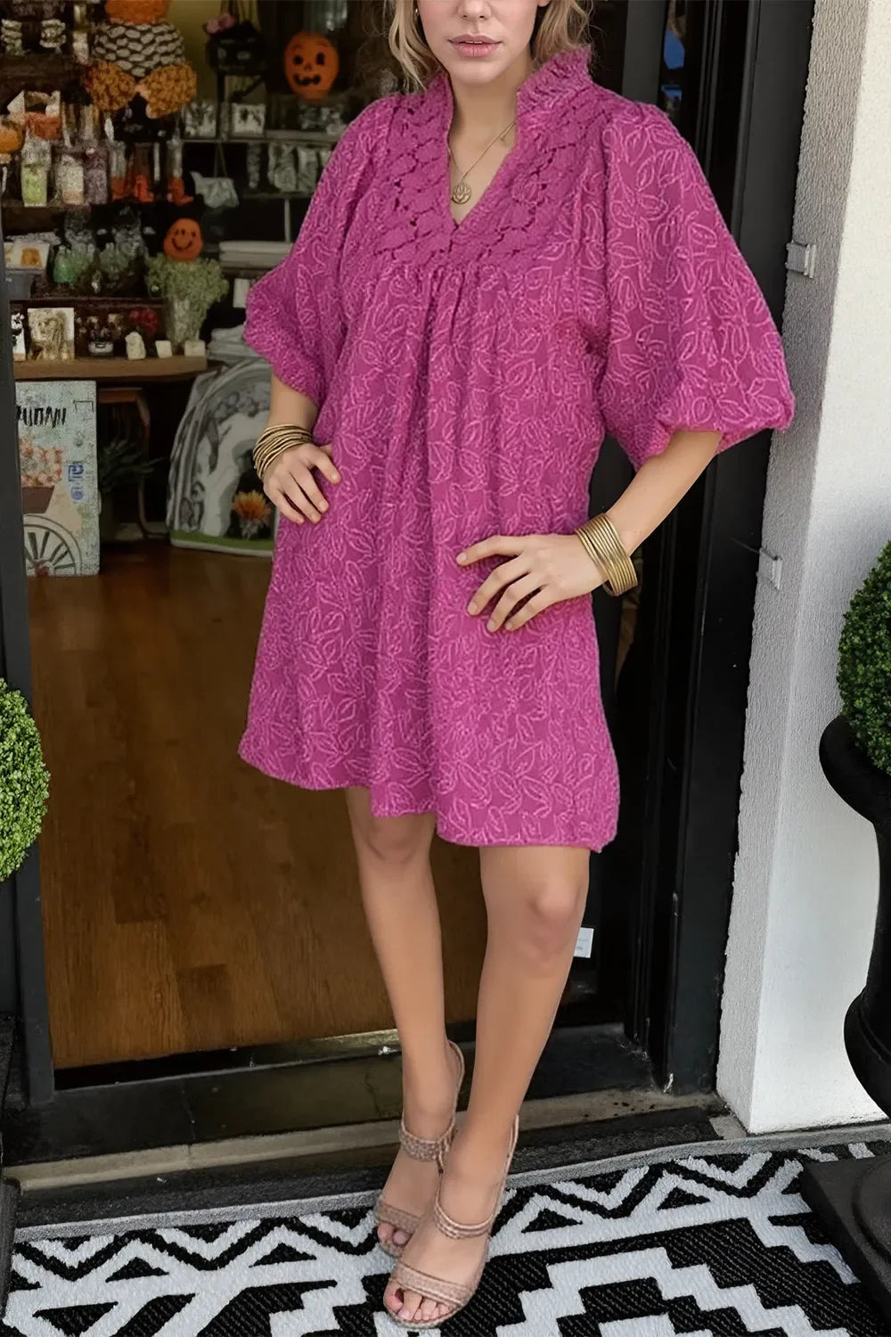 Lace Detail Notched Half Sleeve Mini Dress