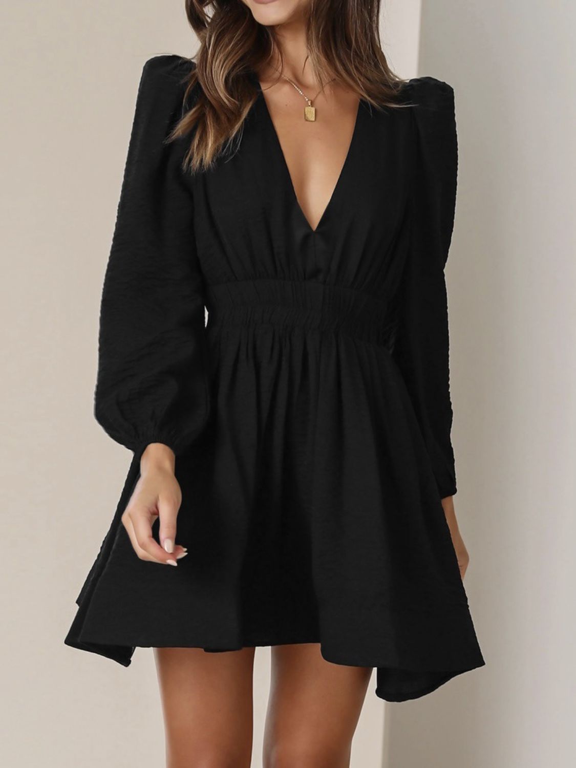 Ruched V-Neck Balloon Sleeve Mini Dress