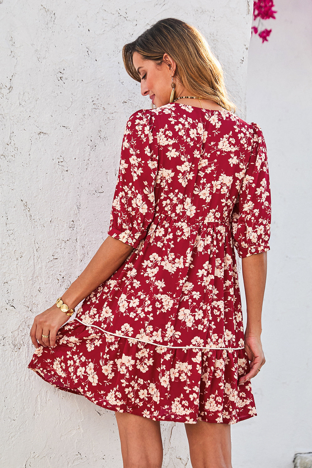 Yellow Floral Print Contrast Trim Button Tie Neck Swing Dress