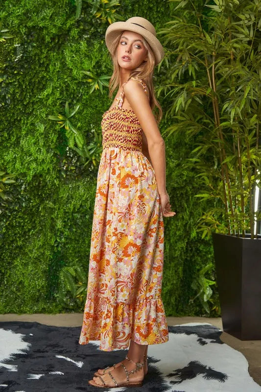 Multi Smocked Bodice Geo Ruffle Strappy Midi Dress