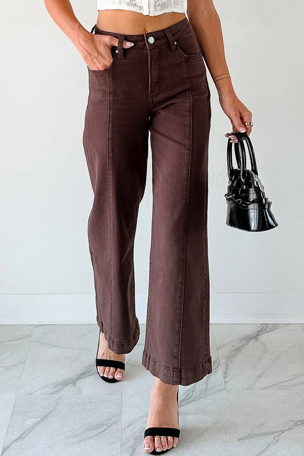 Apricot Solid Color Seamed Center Wide Leg Cropped Jeans