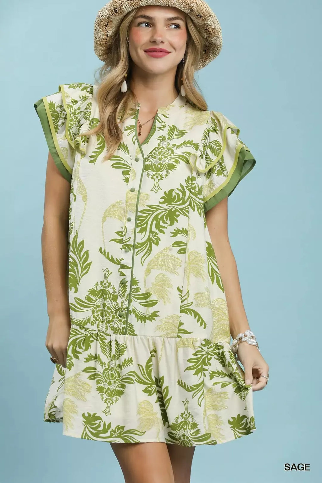 Toile Print Button-Front Placket Mini Dress with Dropped Ruffle Hem