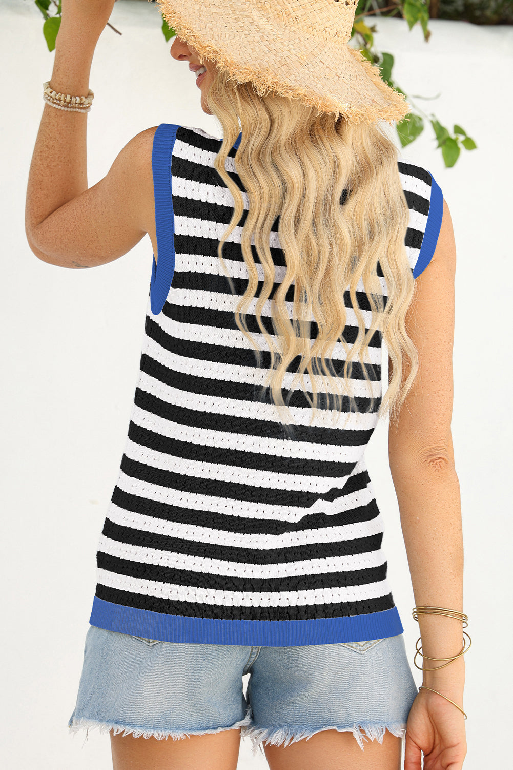Navy Stripe Pointelle Knit Contrast Trim Sleeveless Sweater Top