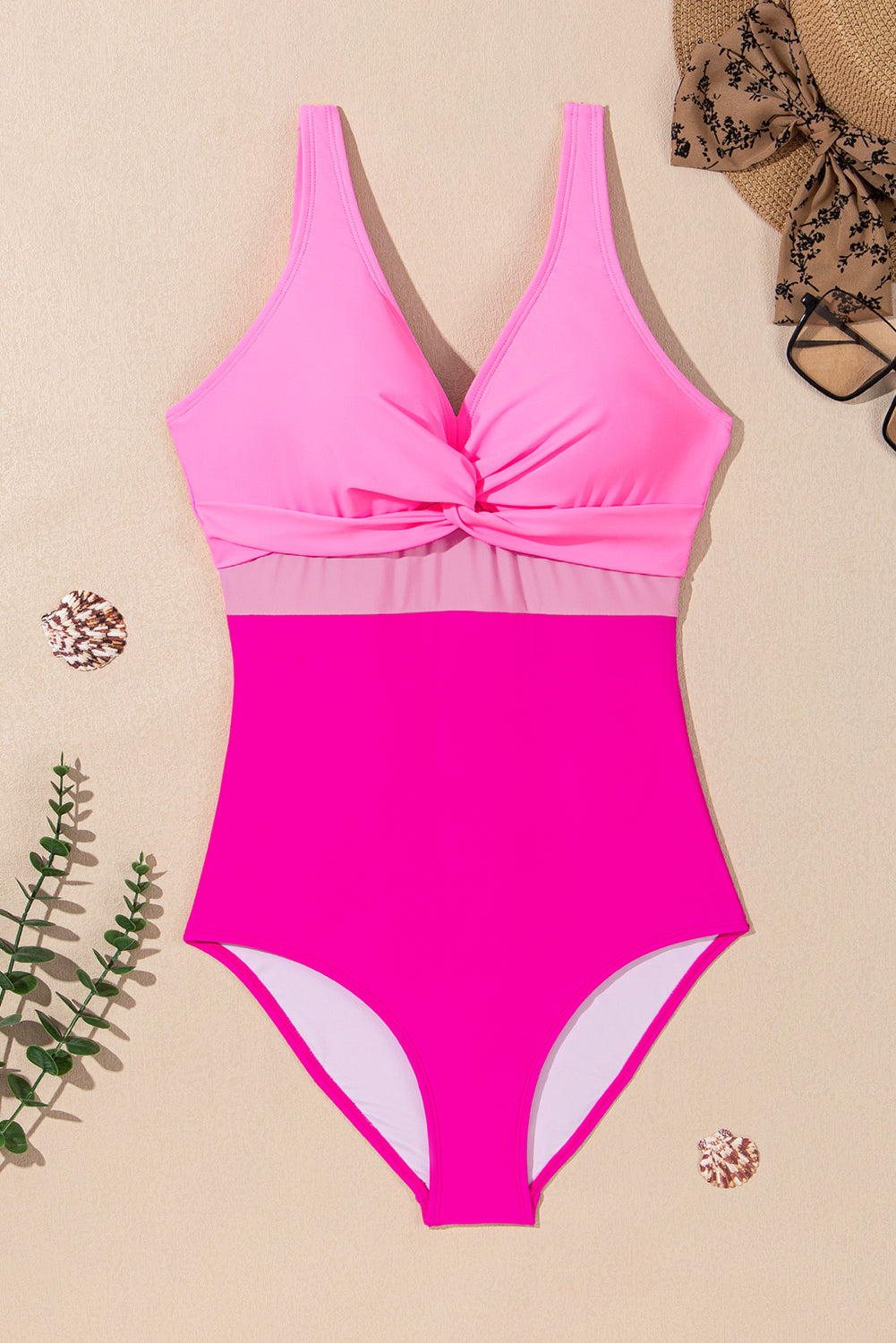 V Neck Twisted Cutout Color Block One Piece Swimsuit