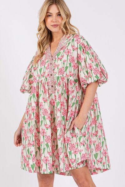 Floral Half Button Notched Puff Sleeve Dress