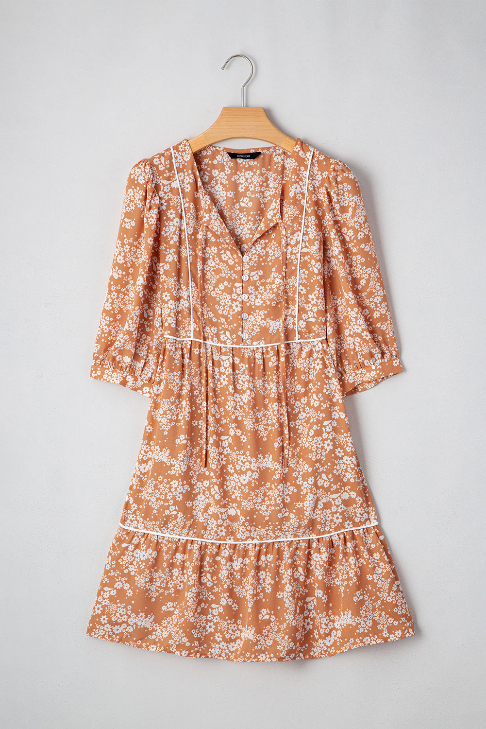 Yellow Floral Print Contrast Trim Button Tie Neck Swing Dress