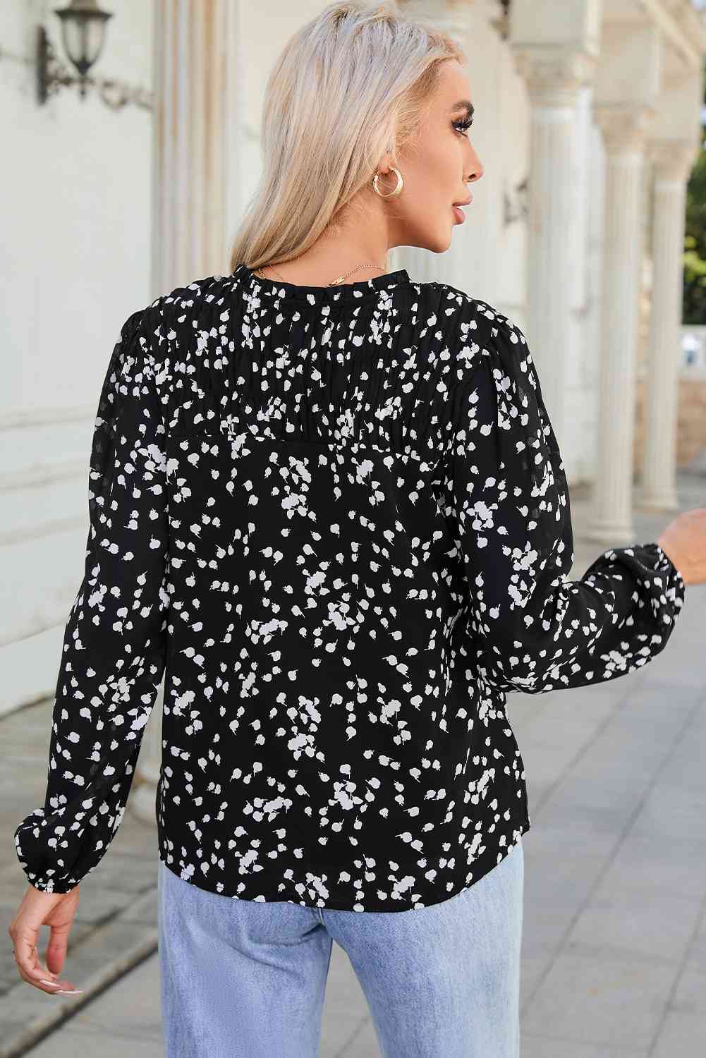 Printed Notched Neck Smocked Blouse
