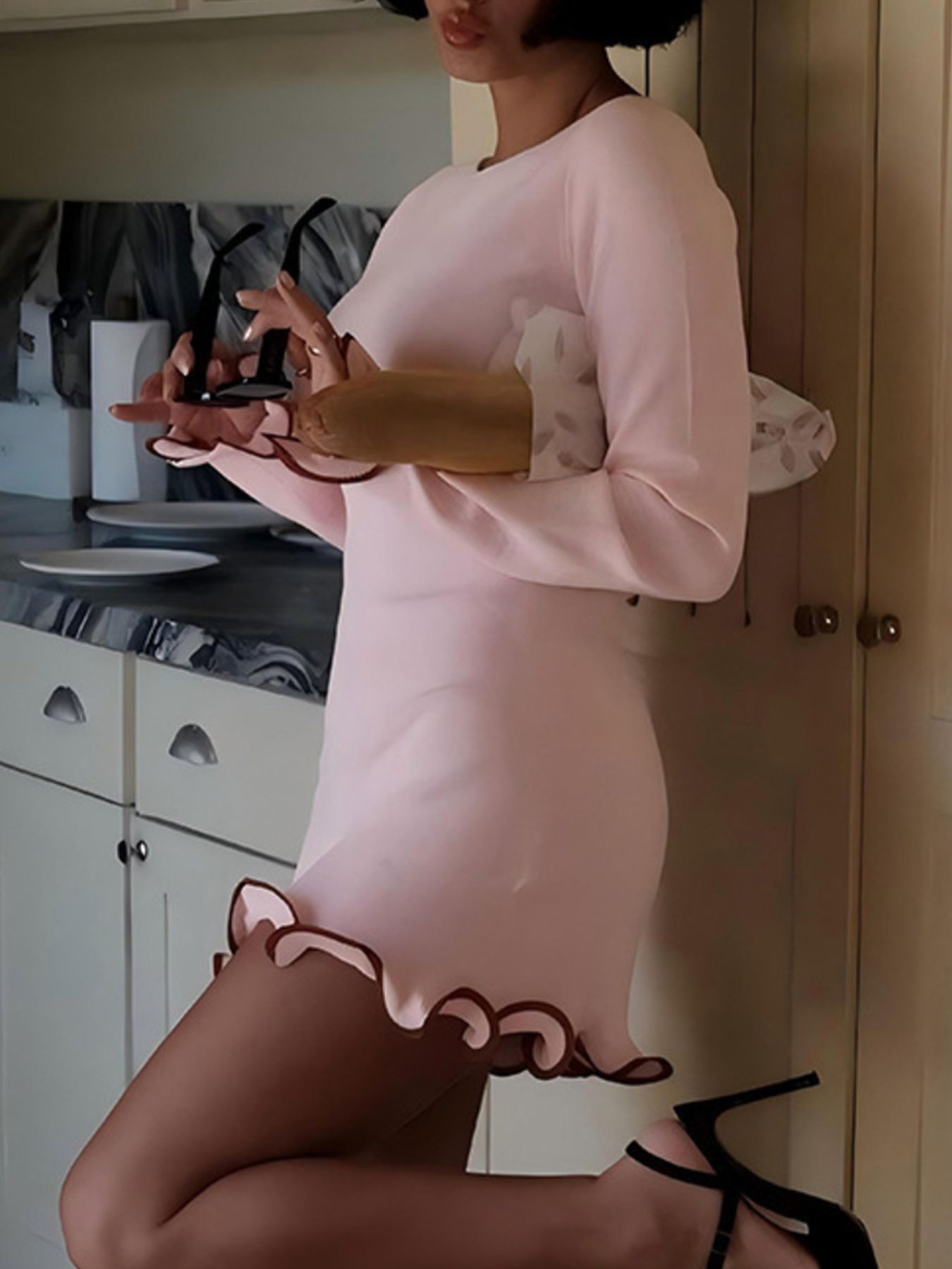 Ruffle Hem Long Sleeve Mini Dress