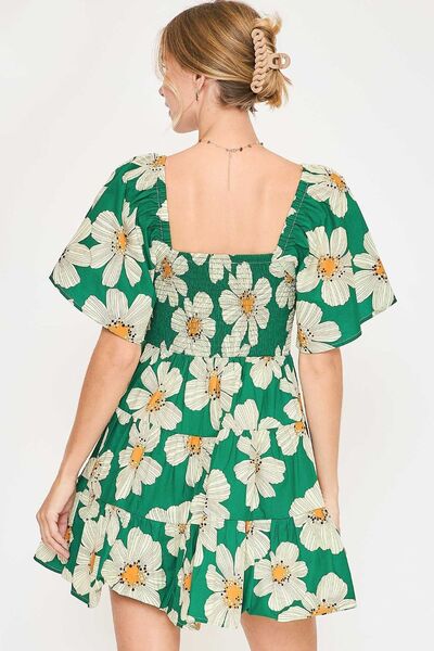 Full Size Daisy Print Mini Dress with Ribbon Details Plus Size