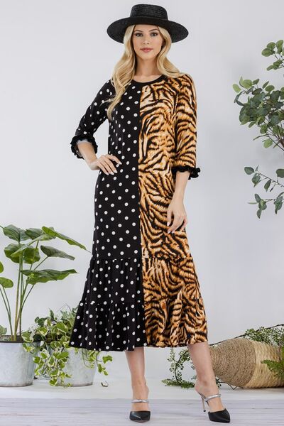 Full Size Polka Dot & Leopard Round Neck Midi Dress Plus Size