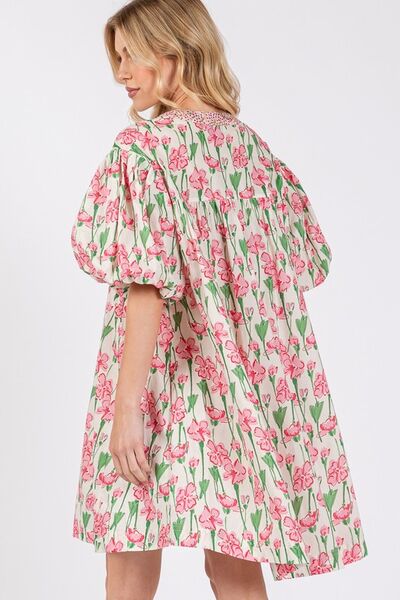 Floral Half Button Notched Puff Sleeve Dress