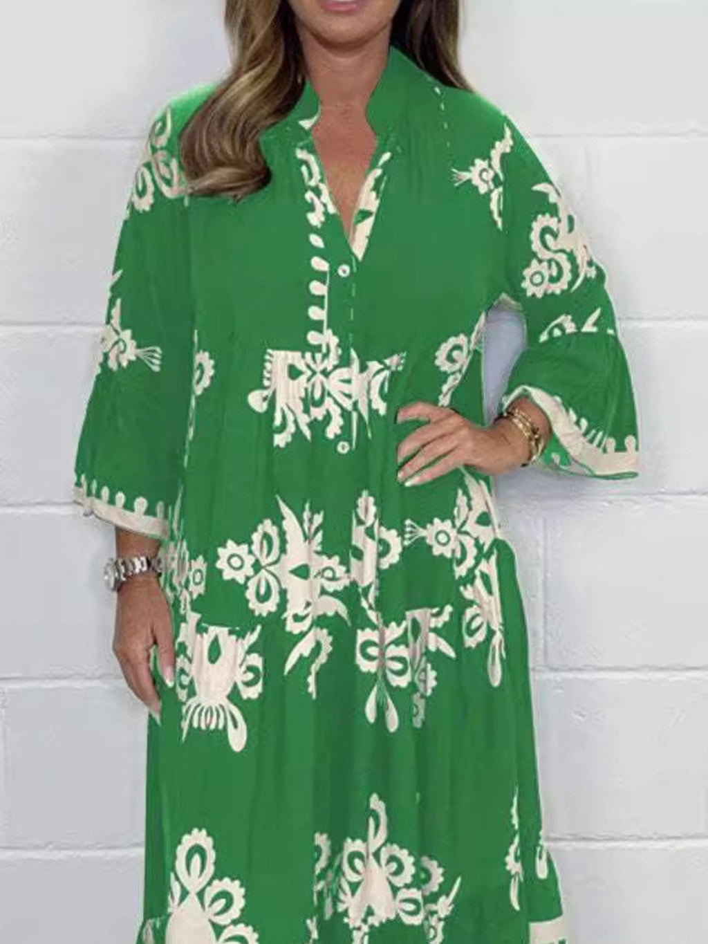 Full Size Printed Notched 3/4 Sleeve Midi Dress Plus Size