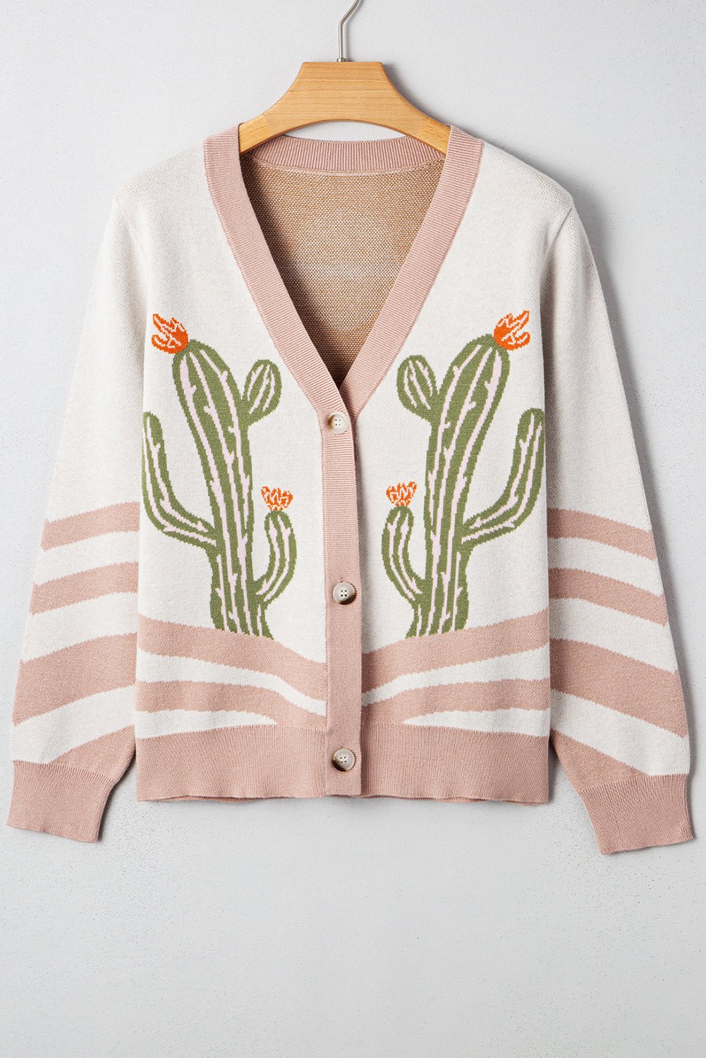 Apricot Cactus Pattern Button Front Knit Cardigan