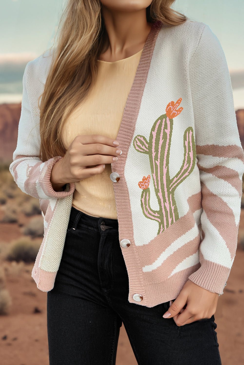 Apricot Cactus Pattern Button Front Knit Cardigan