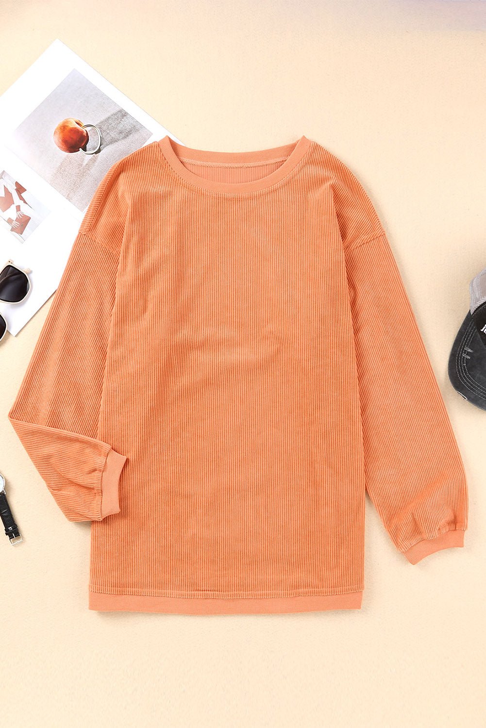 Apricot Drop Shoulder Rib Knit Oversized Sweatshirt