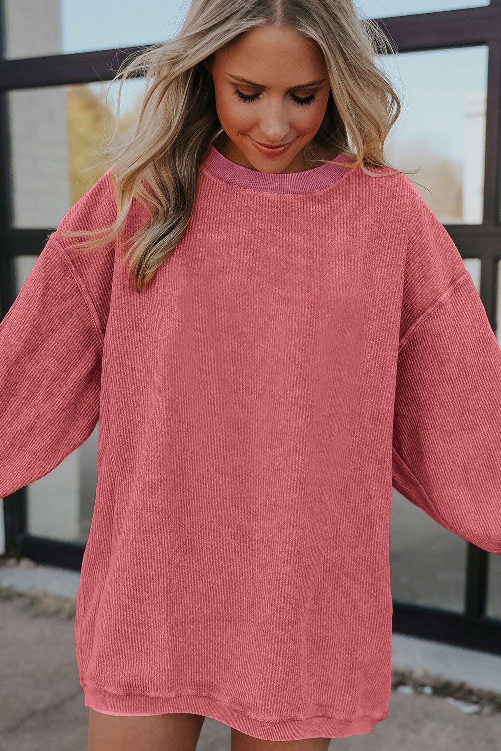 Apricot Drop Shoulder Rib Knit Oversized Sweatshirt