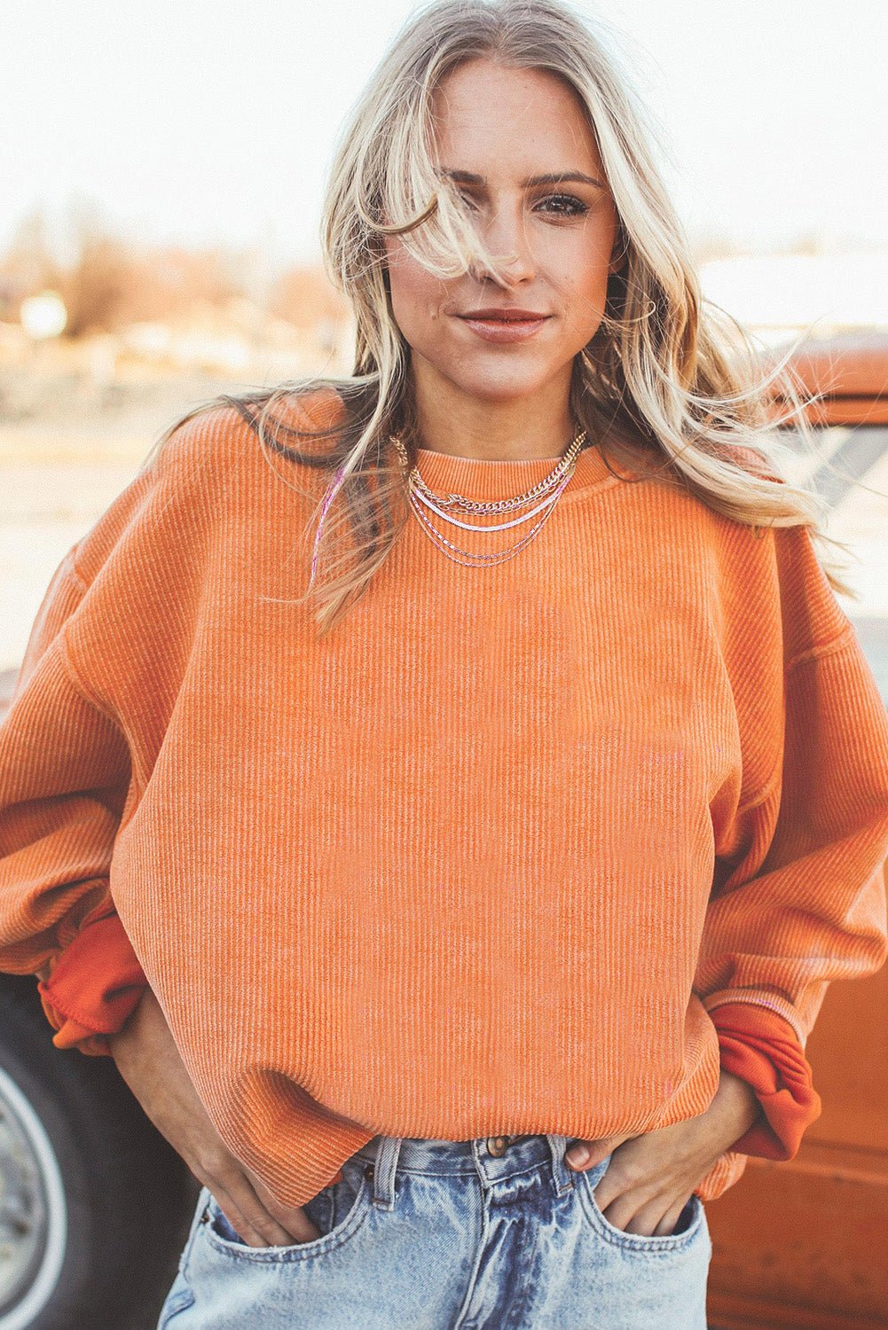 Apricot Drop Shoulder Rib Knit Oversized Sweatshirt
