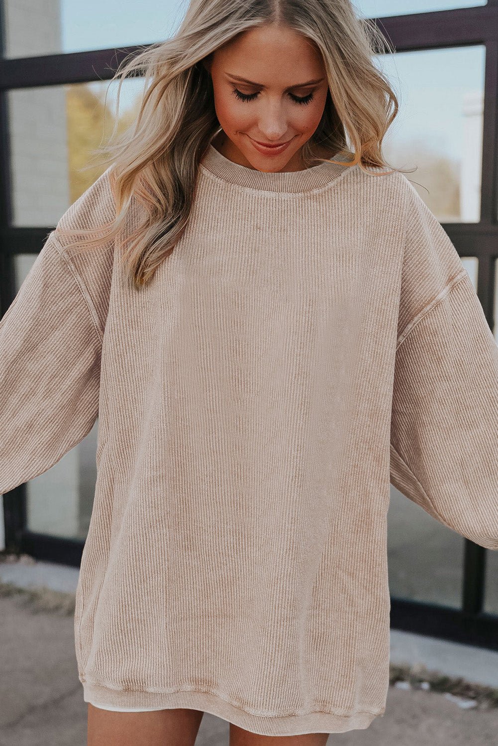 Apricot Drop Shoulder Rib Knit Oversized Sweatshirt