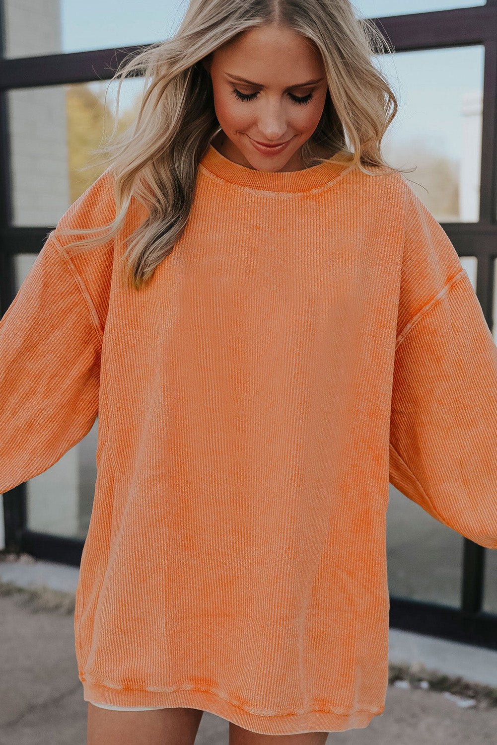 Apricot Drop Shoulder Rib Knit Oversized Sweatshirt