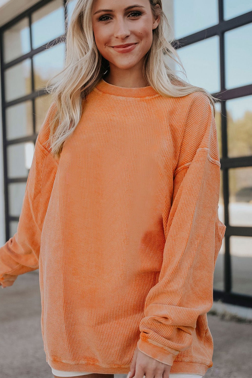 Apricot Drop Shoulder Rib Knit Oversized Sweatshirt