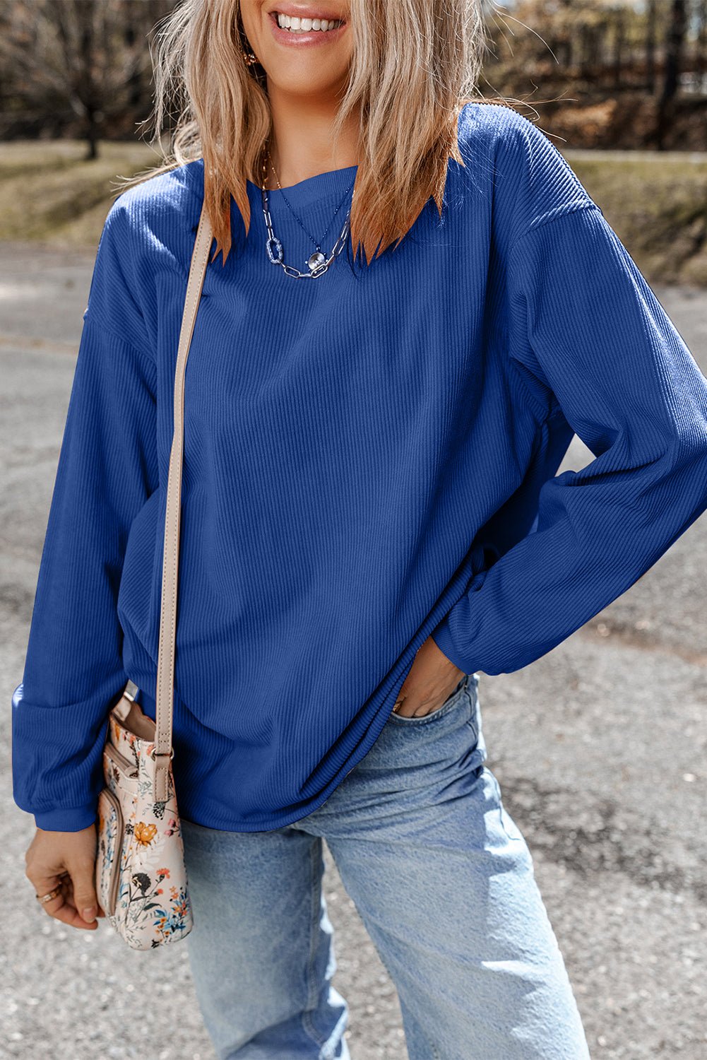 Apricot Drop Shoulder Rib Knit Oversized Sweatshirt
