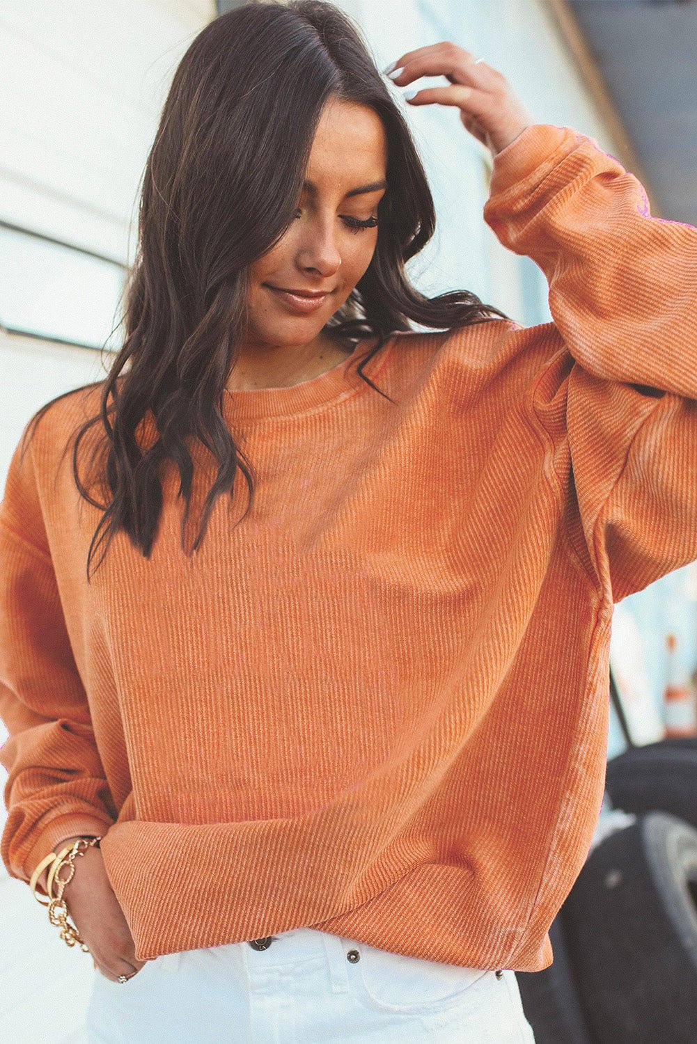 Apricot Drop Shoulder Rib Knit Oversized Sweatshirt