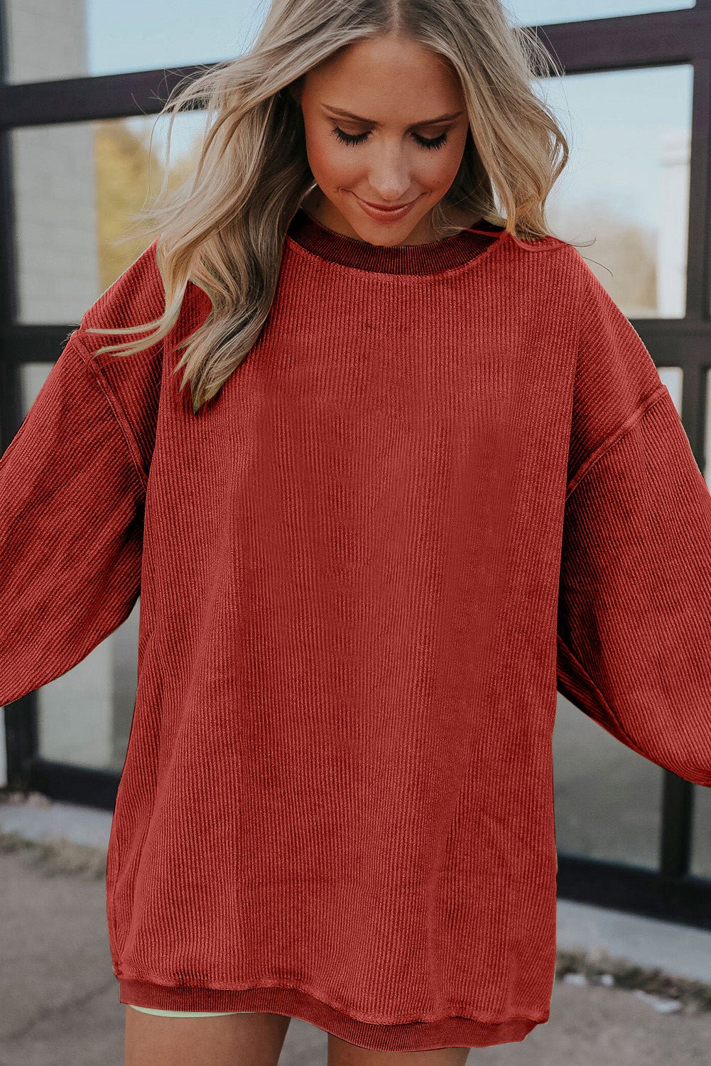 Apricot Drop Shoulder Rib Knit Oversized Sweatshirt