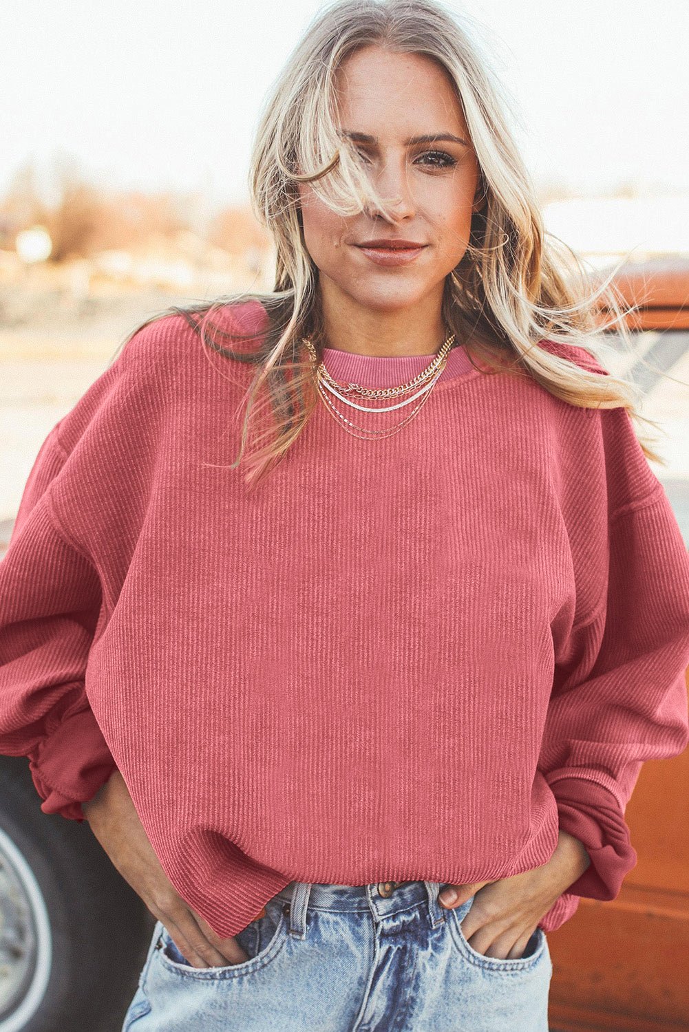 Apricot Drop Shoulder Rib Knit Oversized Sweatshirt