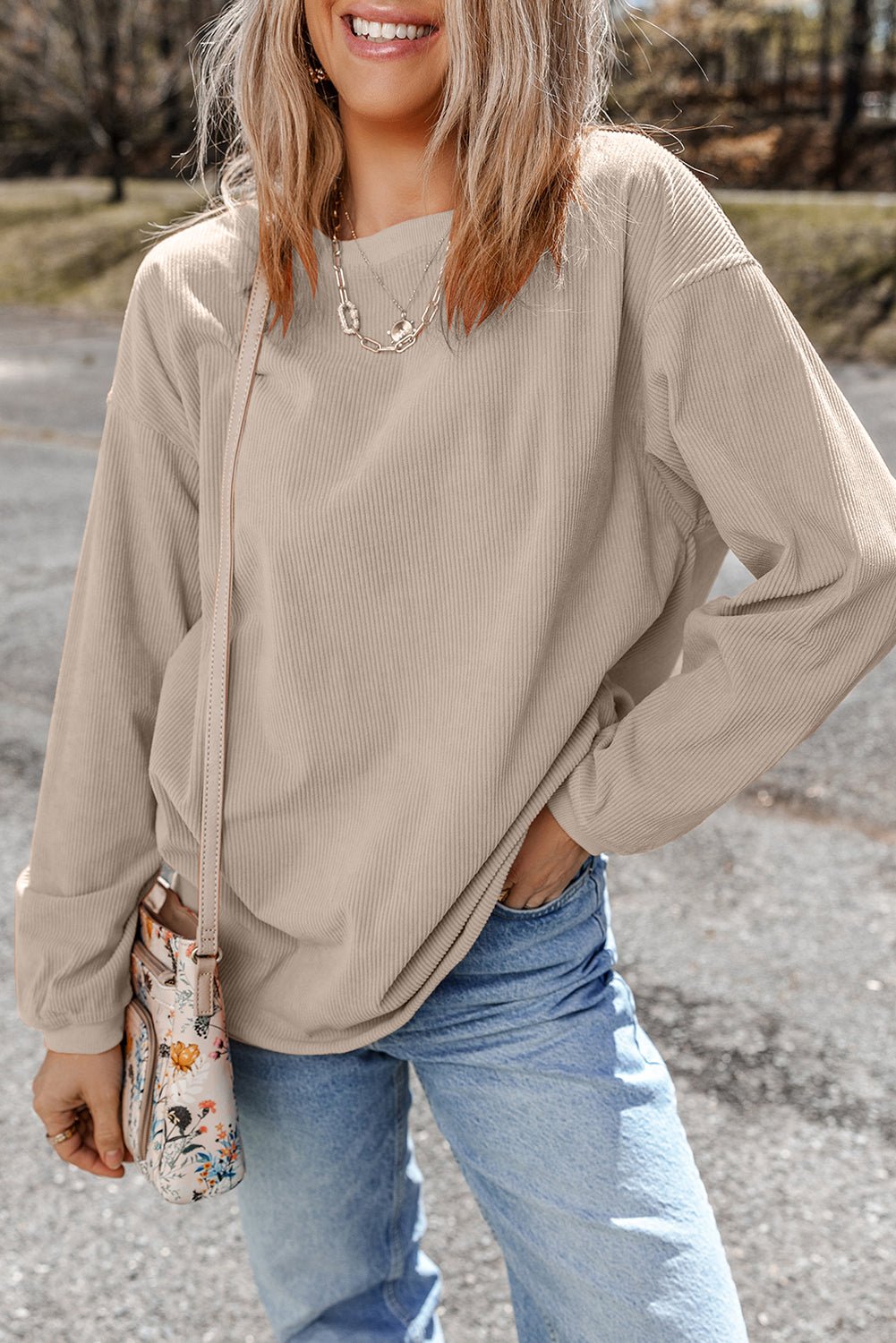 Apricot Drop Shoulder Rib Knit Oversized Sweatshirt